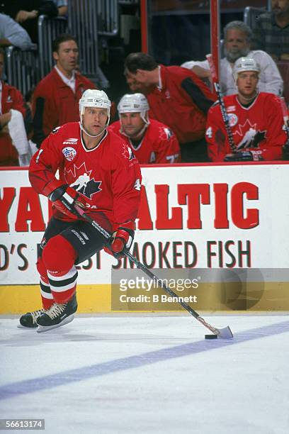 Canadian hockey player Scott Stevens of Team Canada on the ice during a game in the World Cup of Hockey, late 1996.