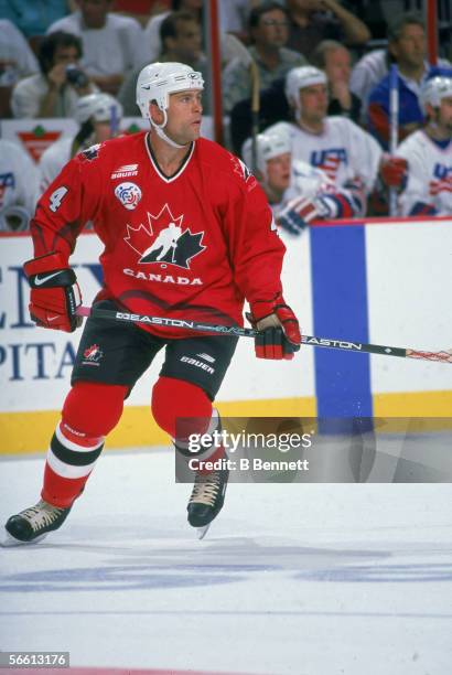 Canadian hockey player Scott Stevens of Team Canada on the ice during a game against the USA in the World Cup of Hockey, late 1996.