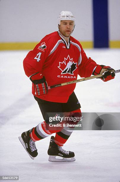 Canadian hockey player Scott Stevens of Team Canada on the ice during a game at the Nagano Winter Olympics, Japan, mid-February, 1998.