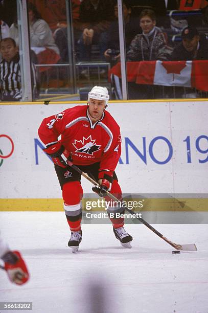 Canadian hockey player Scott Stevens of Team Canada on the ice during a game at the Nagano Winter Olympics, Japan, mid-February, 1998.