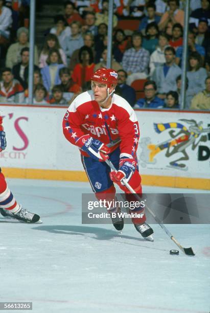 Canadian hockey player Scott Stevens of the Washington Capitals on the ice during a road game, 1980s.