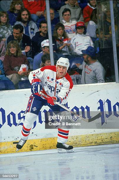 Canadian hockey player Scott Stevens of the Washington Capitals on the ice during a home game, 1980s.