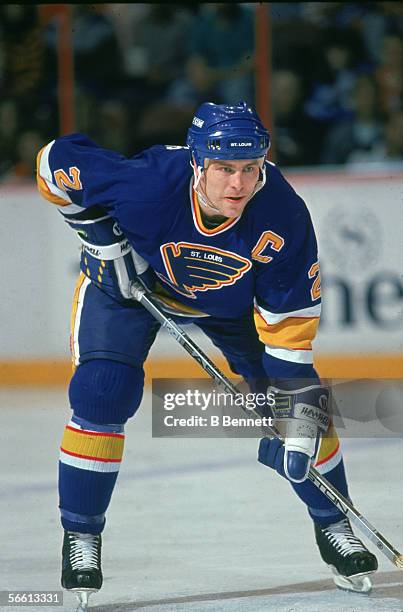 Canadian hockey player Scott Stevens of the St. Louis Blues on the ice during a road game, September 1991.