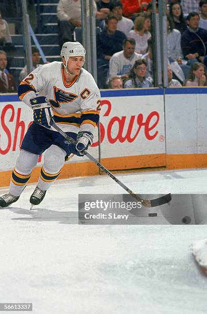 Canadian hockey player Scott Stevens of the St. Louis Blues with the puck during a home game, St, Louis, Missouri, 1990-91 season.