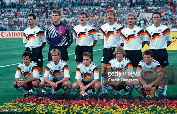 The German National Football Team line up for a team photo, with Thomas Berthold, Bodo Illgner, Juergen Kohler, Guido Buchwald, Rudi Voeller, Klaus...
