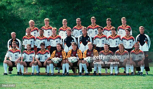The German National Football Team line up with Rudi Voeller, Stefan Effenberg, Mario Basler, Juergen Kohler, Guido Buchwald, Thomas Berthold, Thomas...