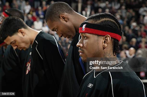 Allen Iverson of the Philadelphia 76ers stands on the court before the game with the Portland Trail Blazers on December 28, 2005 at the Rose Garden...