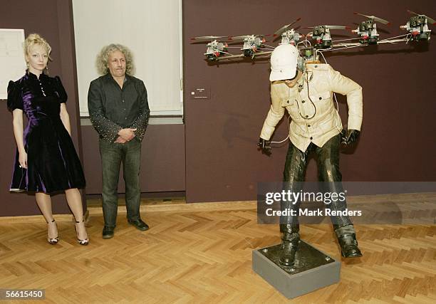 The artist Panamarenko and his girlfriend Evelien are seen at the Panamarenko Exhibition at the Musee des Beaux Arts on January 18, 2006 in Brussels,...