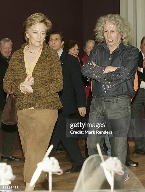 Belgium's Queen Paola and artist Panamarenko visit the Panamarenko Exhibition at the Musee des Beaux Arts on January 18, 2006 in Brussels, Belgium.