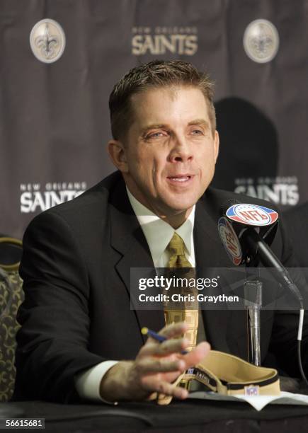New head coach of The New Orleans Saints Sean Payton talks to the media after being hired today at the New Orleans Saints Practice facility on...