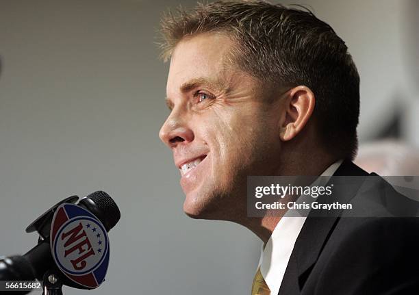 New head coach of The New Orleans Saints Sean Payton talks to the media after being hired today at the New Orleans Saints Practice facility on...