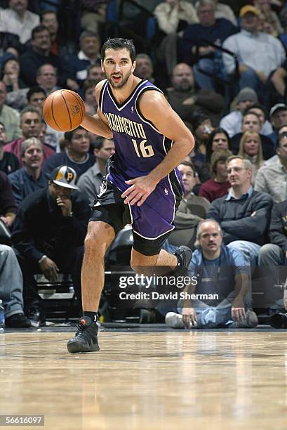 Peja Stojakovic of the Sacramento Kings dribbles against the Minnesota Timberwolves during the game at Target Center on December 13, 2005 in...