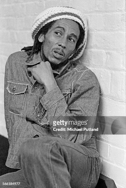 Jamaican reggae singer-songwriter and musician Bob Marley at the offices of Island Records, London, 24th July 1975.