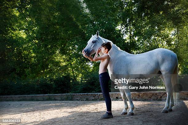 boy and horse standing in yard - caballo blanco fotografías e imágenes de stock