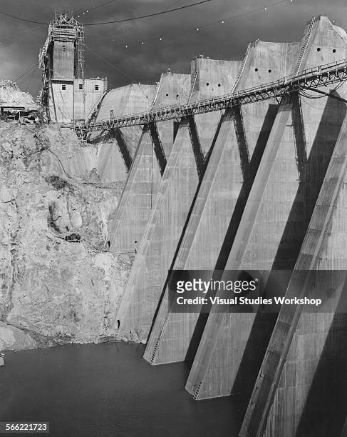 These 270-foot buttresses support arches of the Bartlett Dam now nearing completion on the Verde River, Phoenix, Arizona, early to mid 20th century.