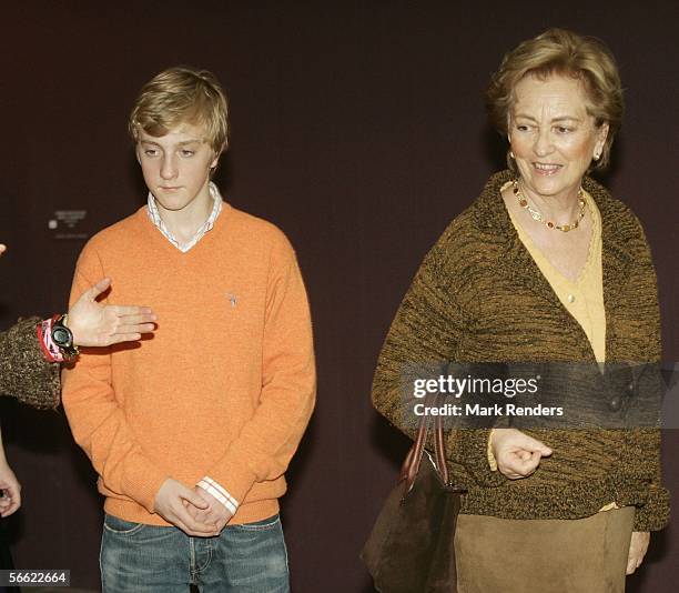 Belgian's Queen Paola and her grandson Prince Joachim, the son of Princess Astrid and Prince Lorentz, visit the Panamarenko Exhibition at the Musee...
