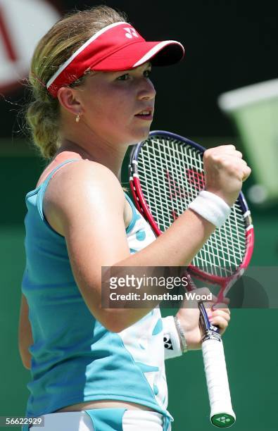 Michaella Krajicek of the Netherlands celebrates after a point in her second round match against Sania Mirza of India during day four of the...