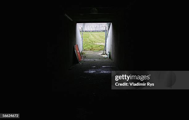 View on the pitch through the tunnel to the stands is seen prior to the demolition of the legendary Bokelberg Stadium on January 19, 2006 in...