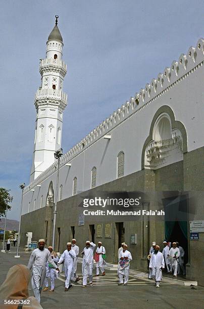 Muslim pilgrims walk in the courtyard of Qiba mosque, the first mosque built in Islam, on January 19, 2006 in the holy city of Medina, Saudi Arabia....
