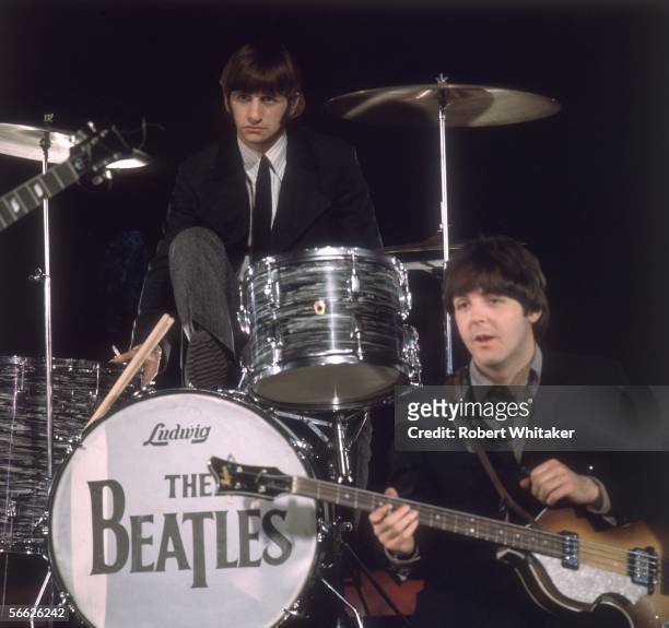 Beatles Paul McCartney and Ringo Starr, during a recording session at Abbey Road Studios where a film of Paperback Writer and Rain was captured for a...