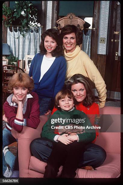 Promotional portrait of the cast of the CBS television sitcom 'Kate & Allie' who pose together around a couch, New York, New York, mid 1980s. From...