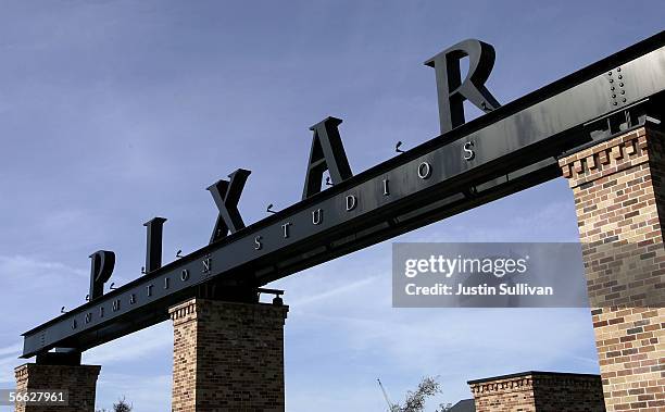 The Pixar logo is seen at the main gate of Pixar Animation Studios January 19, 2006 in Emeryville, California. The Walt Disney Co. Is reportedly in...