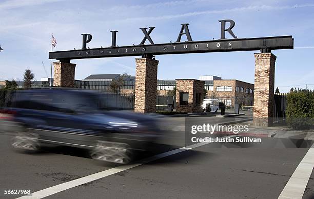 Car drives past the main gate at Pixar Animation Studios January 19, 2006 in Emeryville, California. The Walt Disney Co. Is reportedly in talks to...