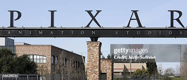 Car drives out of the main gate at Pixar Animation Studios January 19, 2006 in Emeryville, California. The Walt Disney Co. Is reportedly in talks to...