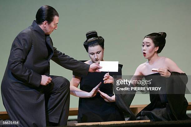 Opera chinese soprano Liping Zhang as Cio-Cio San, Ekatarina Gubanova as Suzuki and Dwayne Croft as Sharpless, perform 20 January 2006 on the stage...