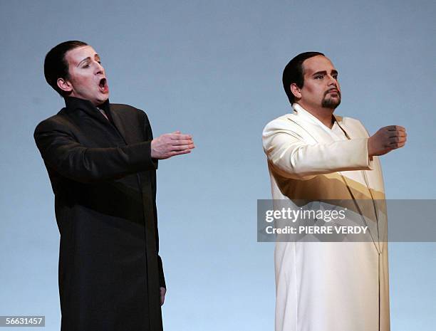 Italian tenor Marco Berti as F.B. Pinkerton and Dwayne Croft as Sharpless, perform 20 January 2006 on the stage of the Opera Bastille in Paris,...