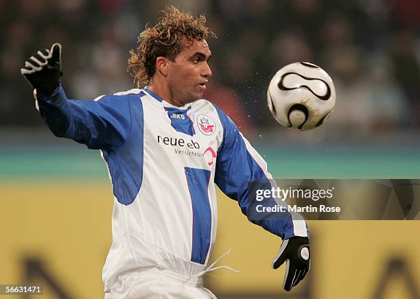 Gledson of Rostock stopps the ball during the friendly match between FC Hansa Rostock and Bayern Munich at the Ostsee Stadium on January 18, 2006 in...