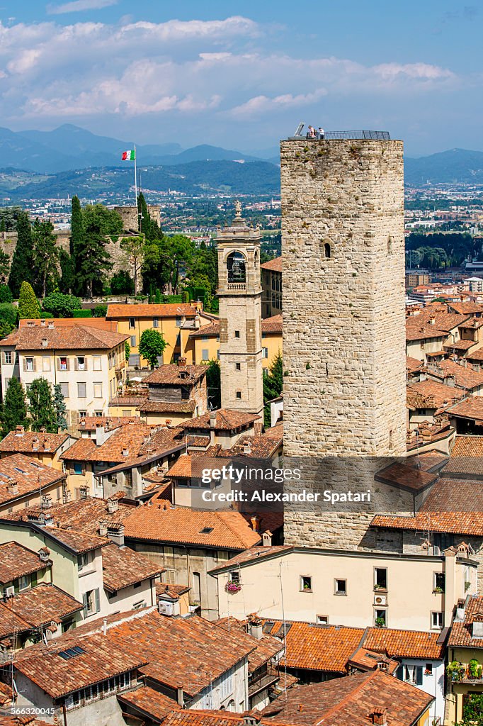 High angle view of the old tower in Bergamo, Italy