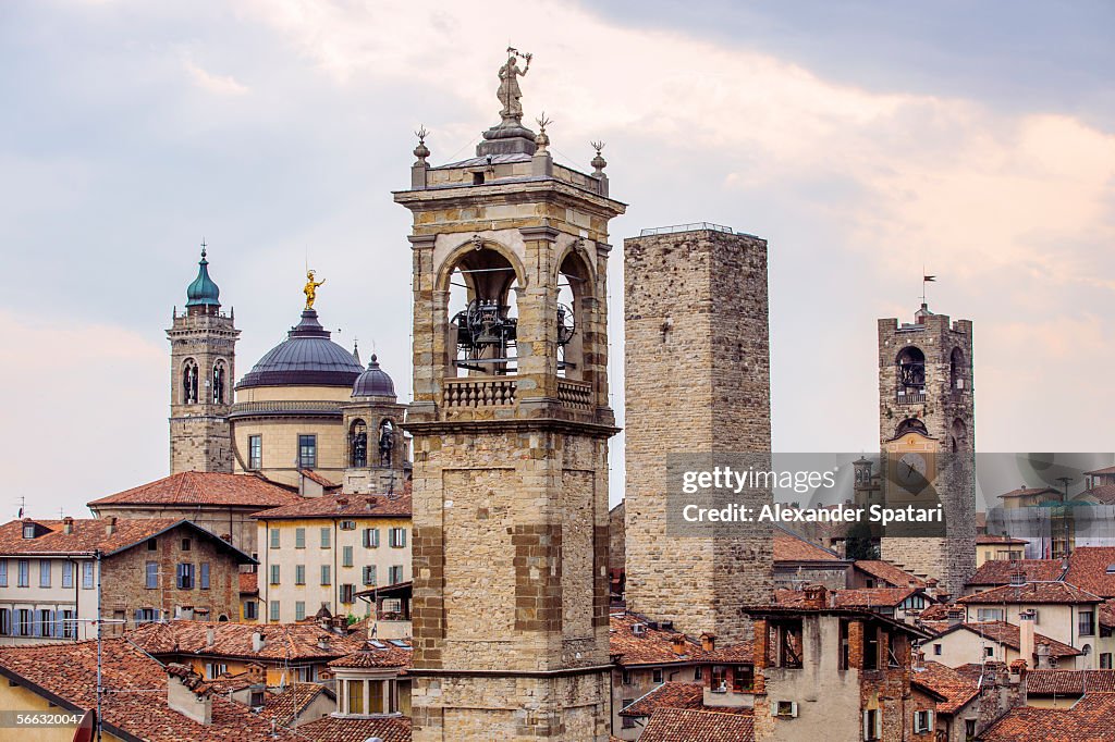 Skyline with towers in Bergamo, Lombardy, Italy