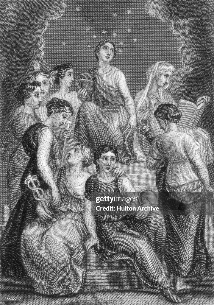 The Nine Muses of Greek mythology, who preside over the arts and
