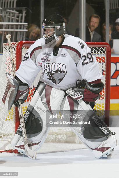 Goaltender Ryan MacDonald of the Guelph Storm gets set to make a save during their OHL game against the London Knights at the John Labatt Centre...