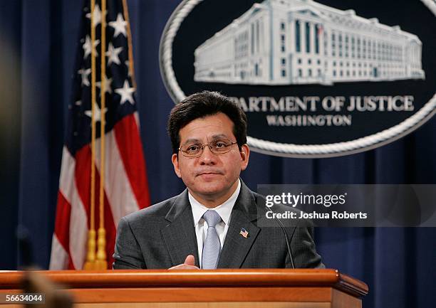 Attorney General Alberto Gonzales announces the indictments of eleven defendants on domestic terrorism charges during a press conference January 20...