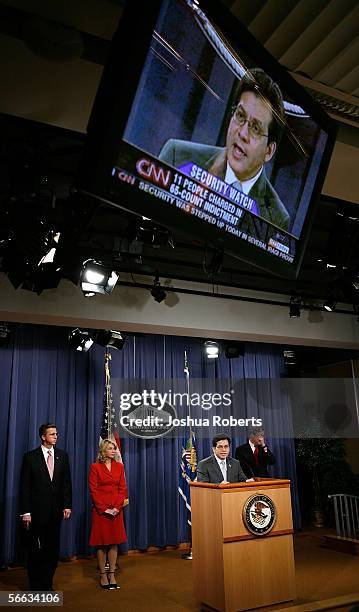 Attorney General Alberto Gonzales speaks during a press conference announcing the indictments of eleven defendants on domestic terrorism charges...