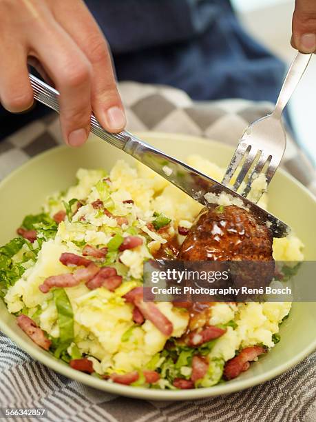 potato stew with endive lettuce and meatbal - eten 個照片及圖片檔