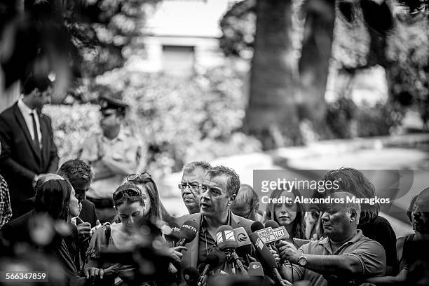 Stavros Theodorakis, leader of "To Potami" party, speaks to the media at the Greek Presidential Palace after a meeting with party leaders in Athens...