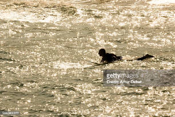 Man laying on surf board rowing with hands and the sun reflected on the Mediterranean Sea in the Barcelona shoreline. Vilassar de Mar, Catalonia,...