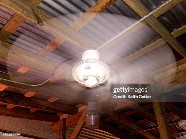 Ceiling Fan spinning in high speed attached to a corrugated metal ceiling with exposed wood beams