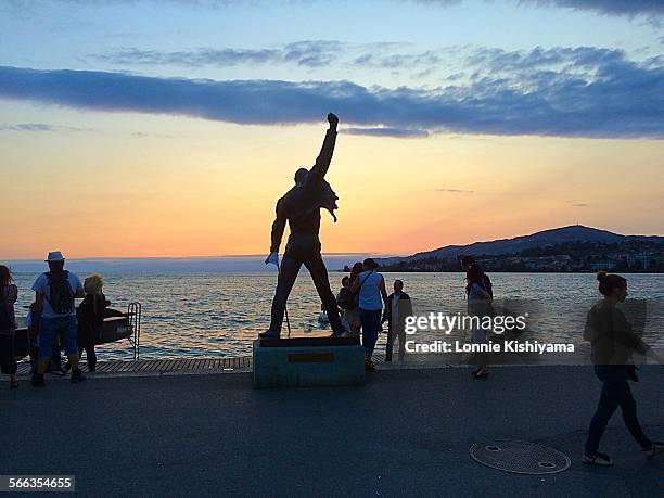 Freddie Mercury statue at the Montreux Jazz Festival on Lake Geneva in Switzerland. July 2015.