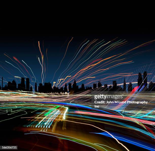 illustrations, cliparts, dessins animés et icônes de light trails near new york city skyline at night, new york, united states - timelapse