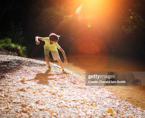 mixed race boy skipping stones in stream - palmerston north nz bildbanksfoton och bilder