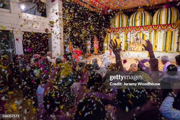 people cheering at holi festival, vrindavan, uttar pradesh, india - jeremy bash photos et images de collection