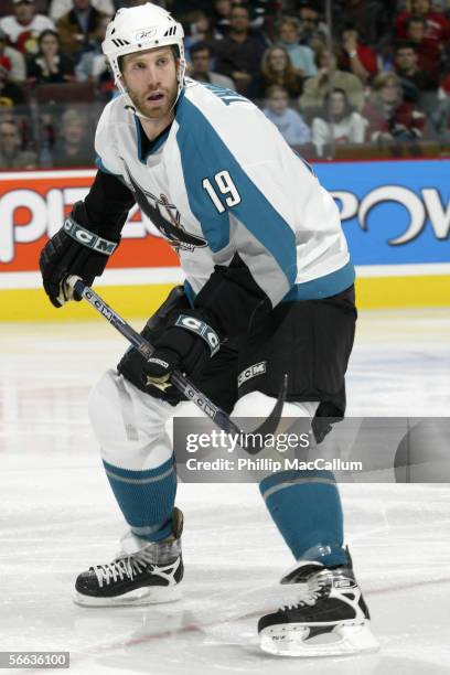 Joe Thornton of the San Jose Sharks skates during the game against the Ottawa Senators on January 12, 2006 at the Corel Centre in Ottawa, Canada. The...