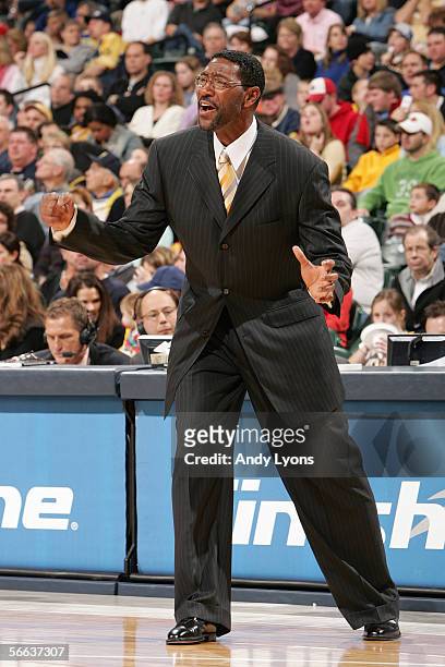Head coach Sam Mitchell of the Toronto Raptors reacts during a game against the Indiana Pacers at Conseco Fieldhouse on December 30, 2005 in...