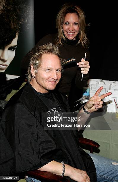 Musician Matt Sorum gets his hair cut by a Prive stylist before the "All Star Jam Band" at the Forum at the SkiHouse during the 2006 Sundance Film...
