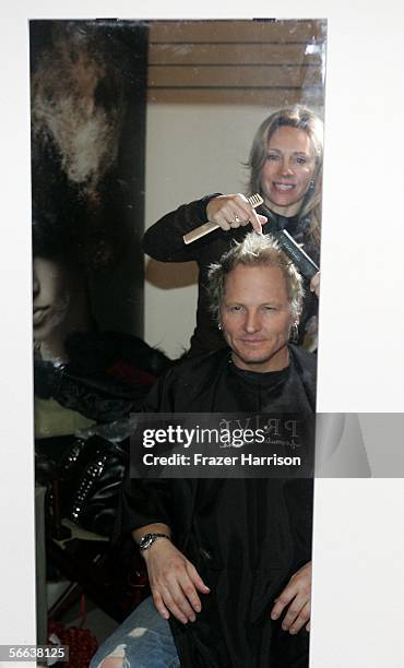 Musician Matt Sorum gets his hair cut by a Prive stylist before the "All Star Jam Band" at the Forum at the SkiHouse during the 2006 Sundance Film...