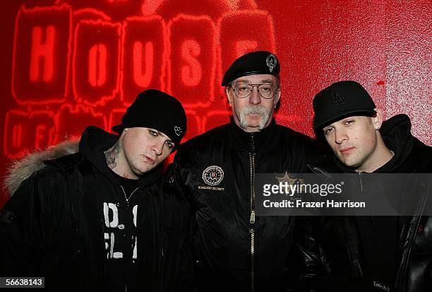 Musicians Benji Madden, Jeff "Skunk" Baxter and Joel Madden pose inside at the "All Star Jam Band" at the Forum at the SkiHouse during the 2006...